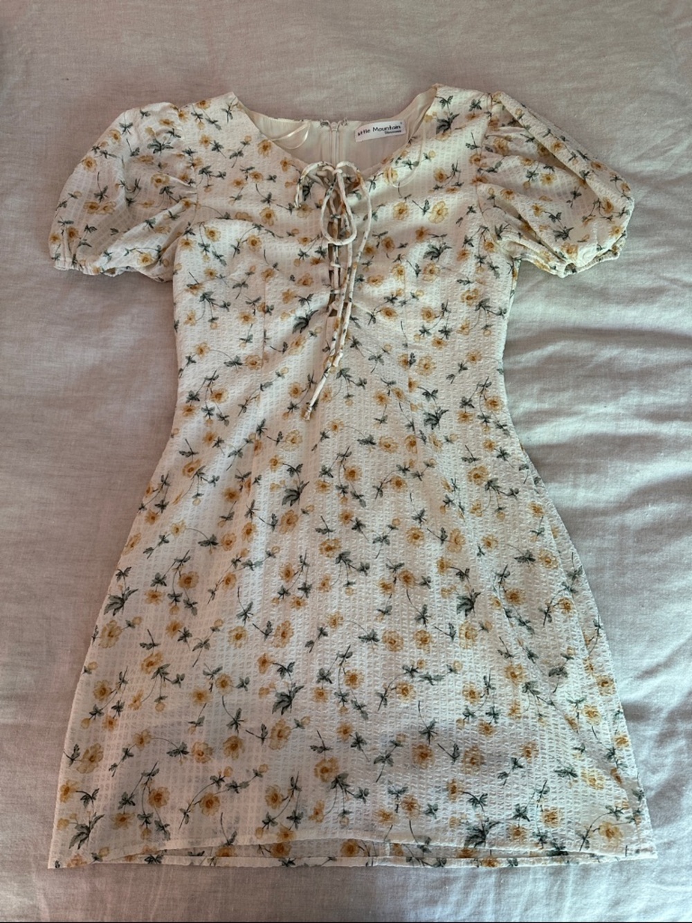 Floral Lace-Up Mini Dress in White with Yellow Bloom